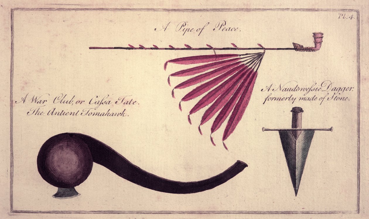 Starověký tomahawk, dýmka míru a dýka, kolem roku 1590 od John White