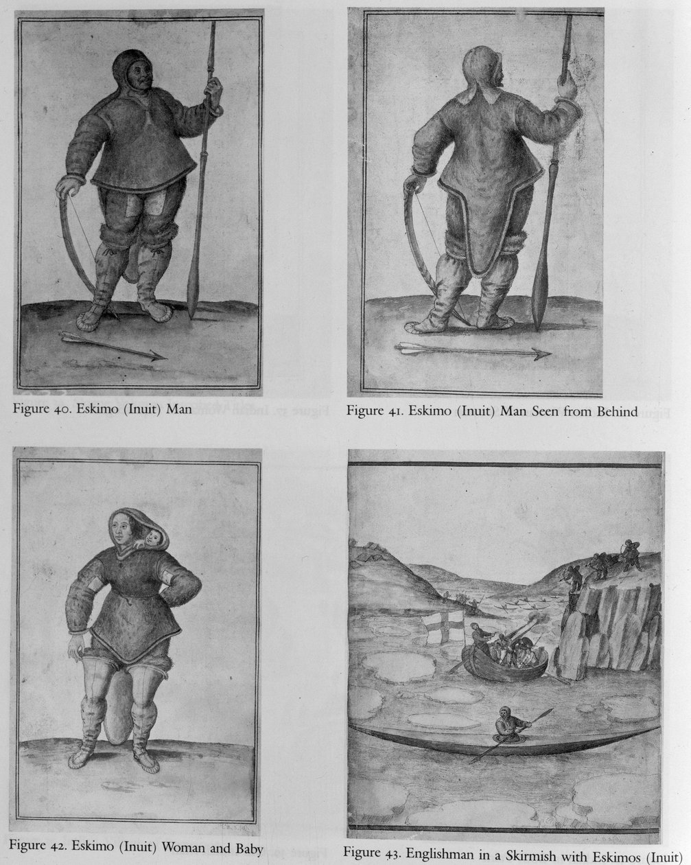 Eskymák (Inuit); Eskymák (Inuit) viděný zezadu; Eskymácká (inuitská) žena a dítě; Angličané v potyčce s Eskymáky (Inuity) od John White