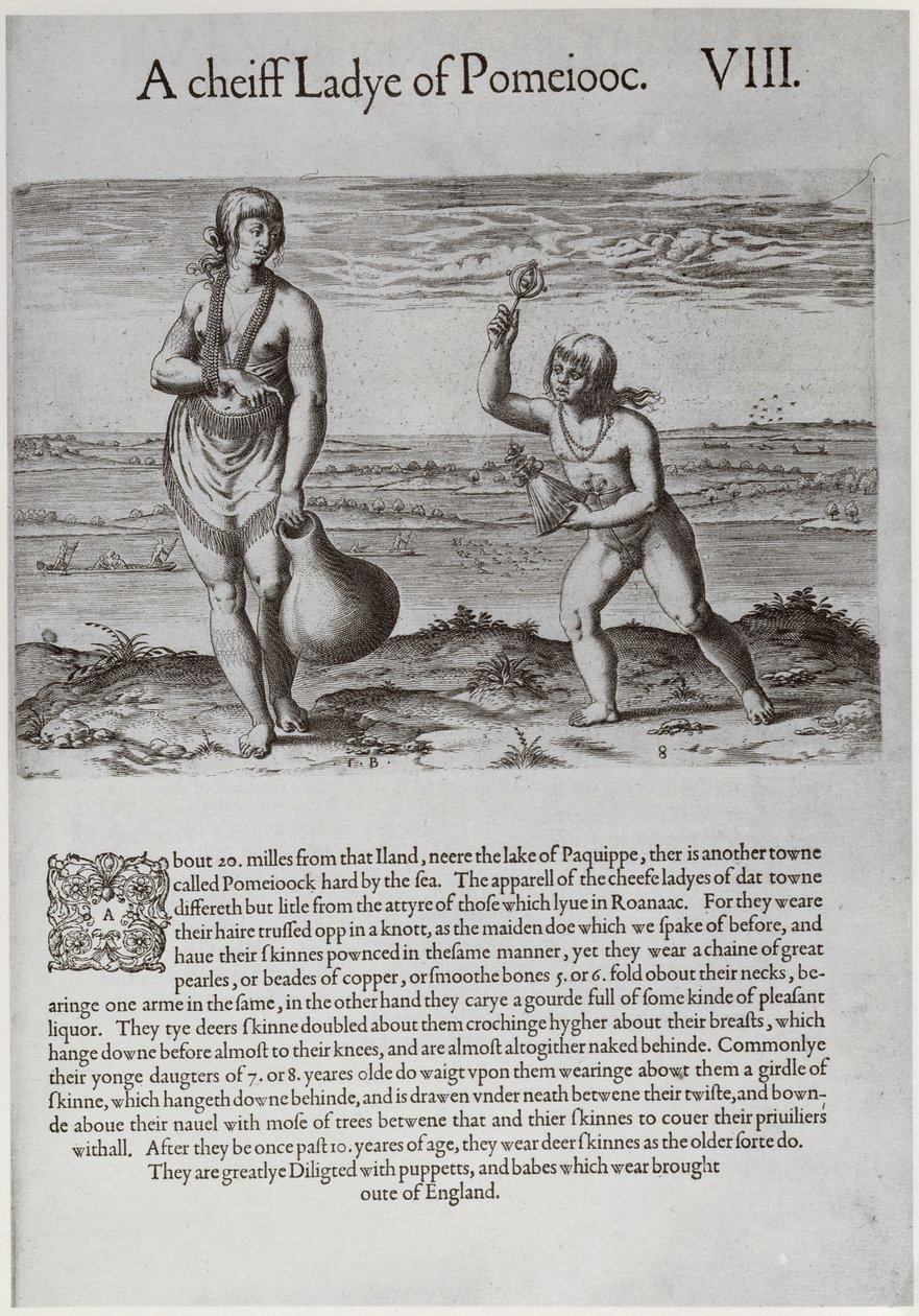 Indická žena a mladá dívka, vyryl Theodor de Bry (1528-1598) od John White