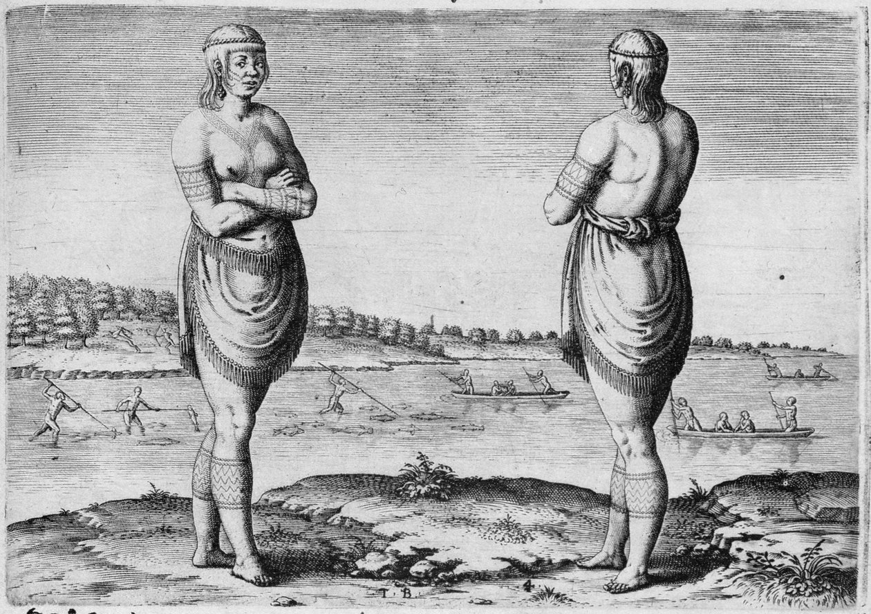 Indian Woman of Secoton, vyrytý Theodor de Bry (1528-1598) od John White