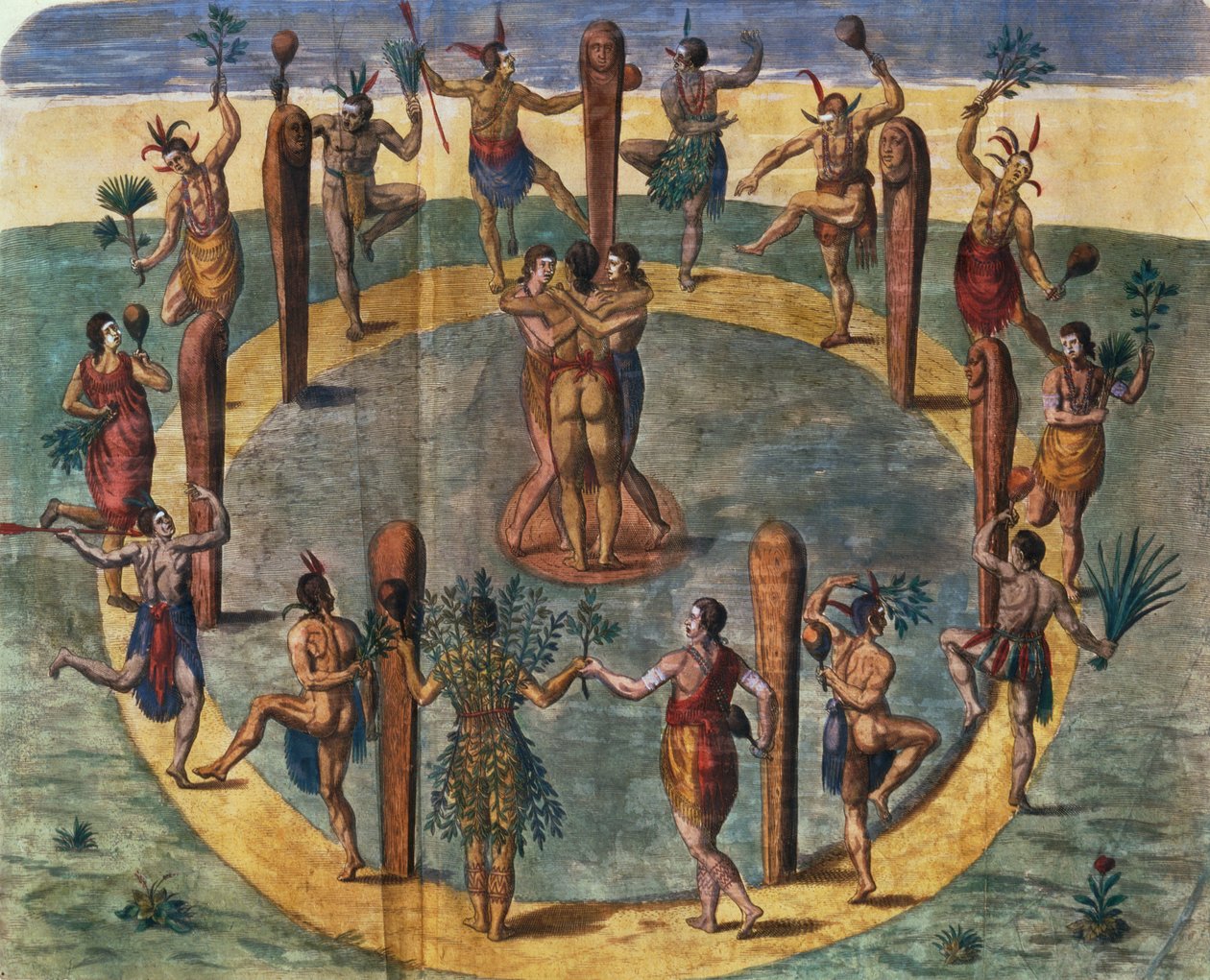 Indický rituální tanec z vesnice Secoton, knižní ilustrace, cca 1570-80 (viz 87469) od John White