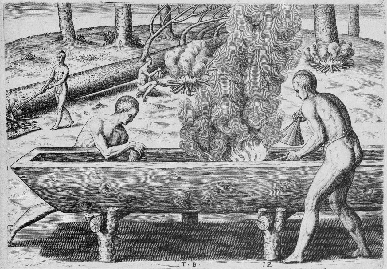 Indiáni vyrábějící kánoe, z ‚Admiranda Narratio‘, vyryl Theodor de Bry (1528-1598) 1590 od John White