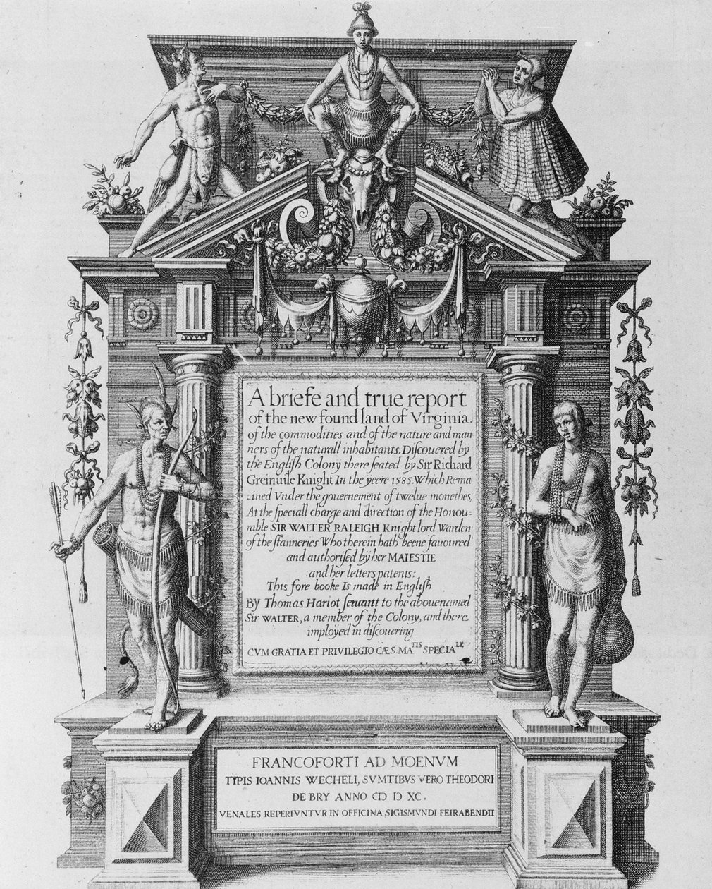 Hlavní titulní strana „Stručná a pravdivá zpráva o nově nalezené zemi Virginie“, vyryla Theodor de Bry (1528-1598) od John White
