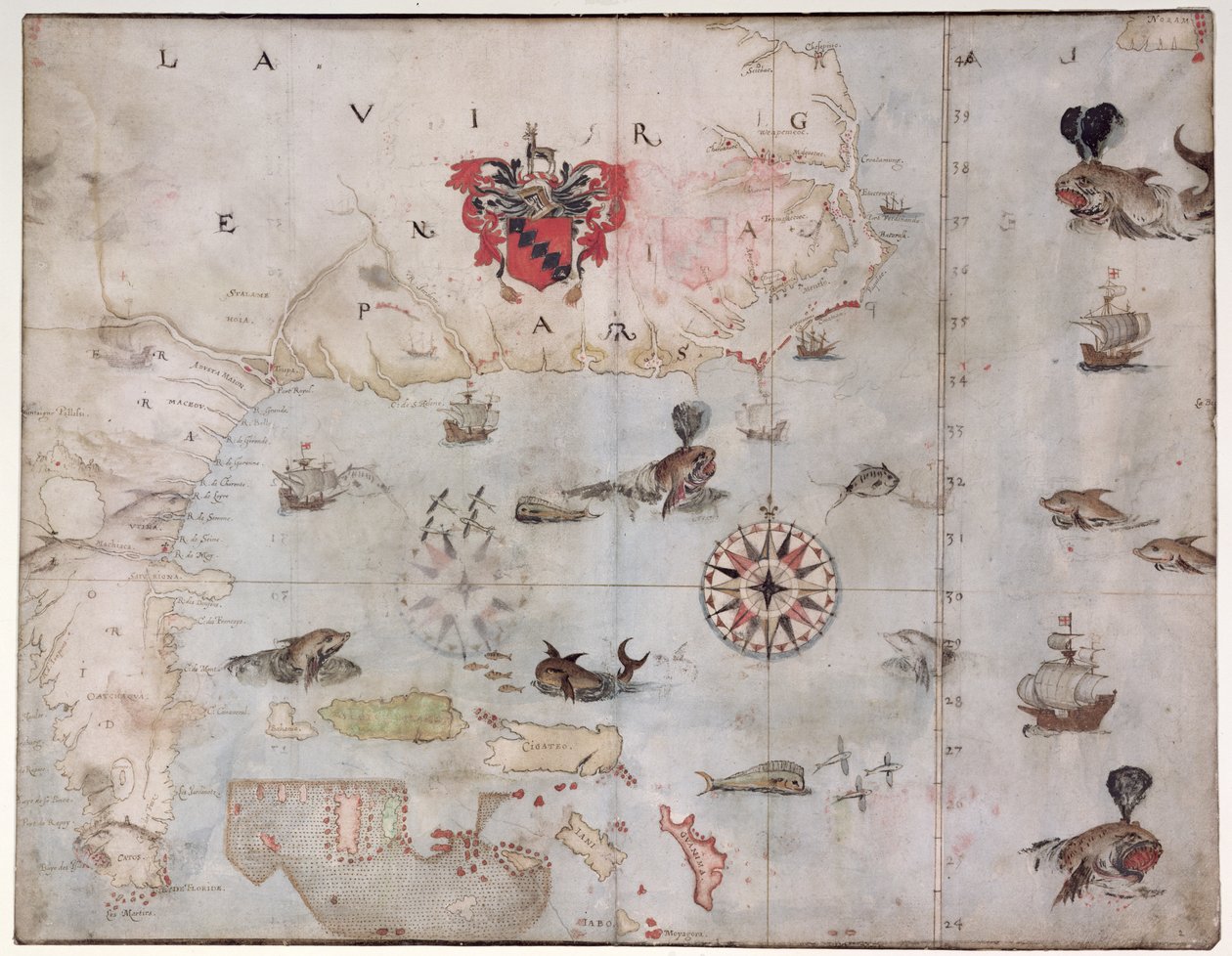 Mapa východní Severní Ameriky: Florida do Chesapeake Bay (litografie) od John White