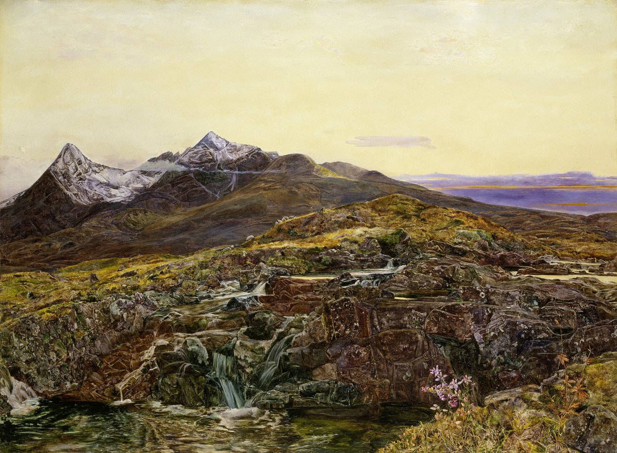 Cuillin Ridge, Skye ze Sligachanu, olej na plátně z 19. století) od John William Inchbold
