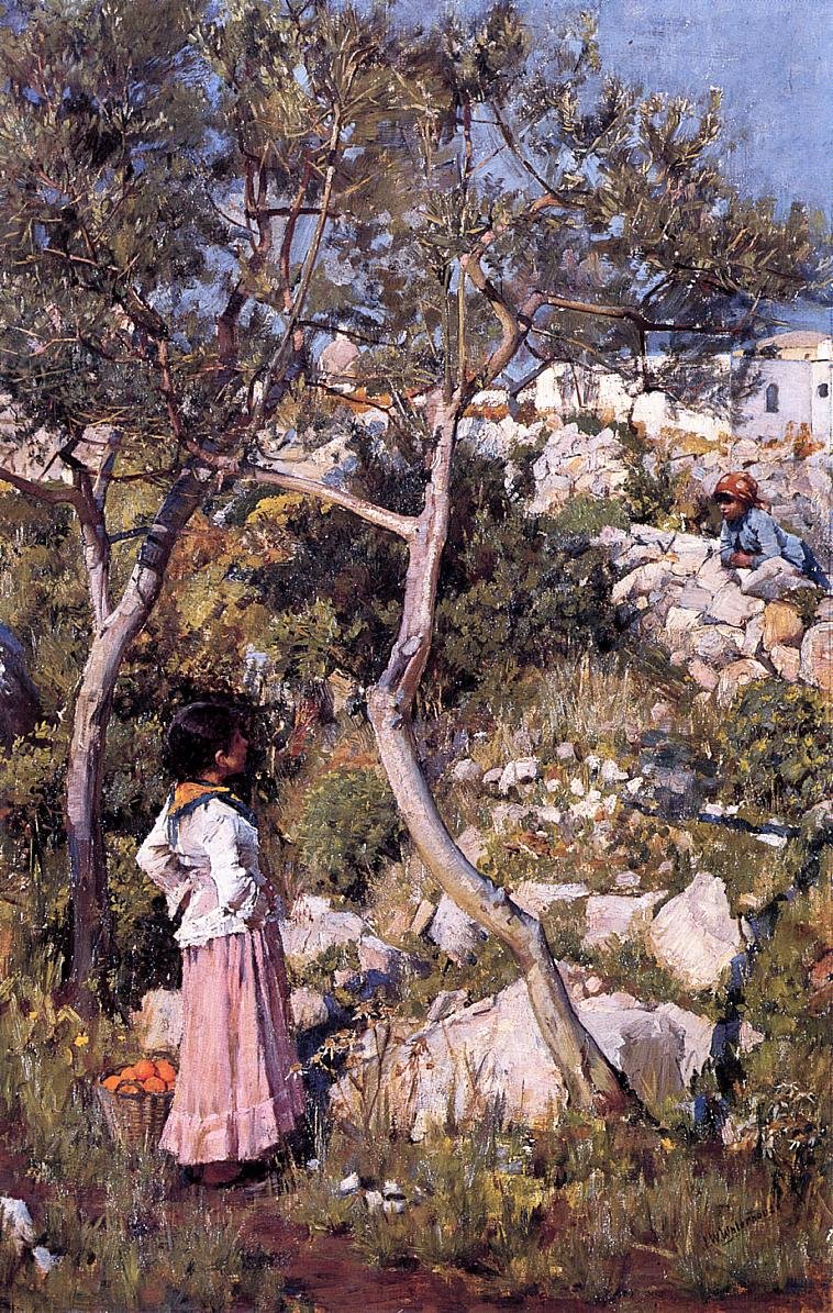 Dvě malé italské dívky ve vesnici od John William Waterhouse