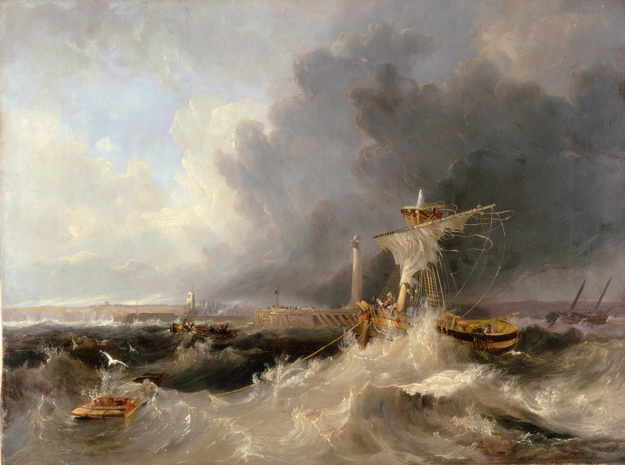 Sunderlandské staré molo a maják s kostelem Ryhope v dálce, 1840 od John Wilson Carmichael