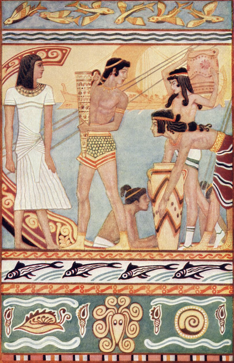 Obchodníci z Kréty, ilustrace z „Mýtů o Krétě a předhelénské Evropě“ od Donalda A. Mackenzieho, vydané v roce 1917 od after John Duncan