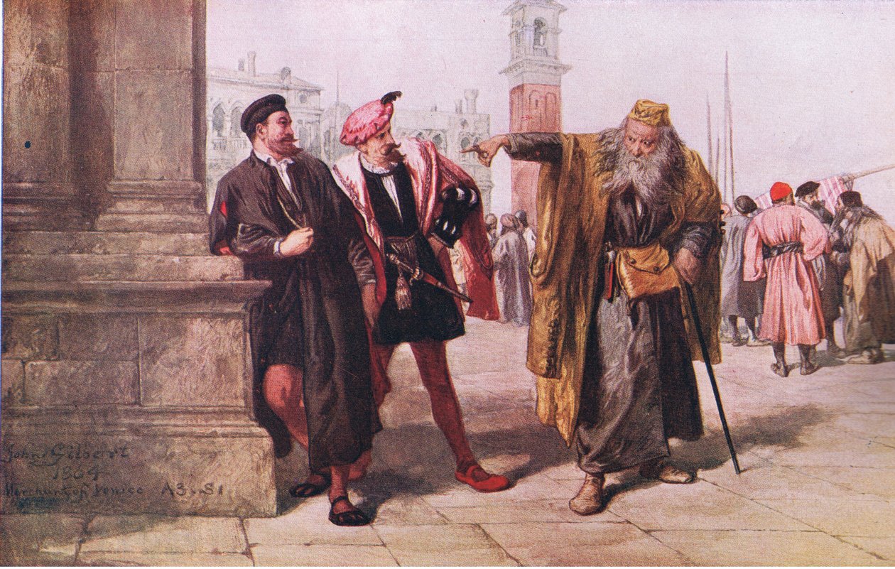 Shylockova odpověď na Salanio a Salarino, Newnes Pictorial Knowledge Volume 7, 1950s od John after Gilbert