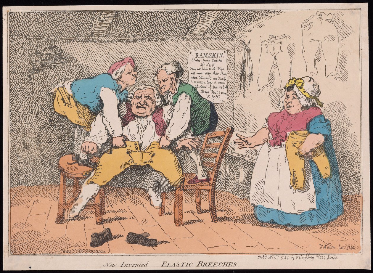 Nově vynalezeno - Elastické kalhotky, hospoda. 1784 (ručně kolorovaná rytina) od John after Nixon