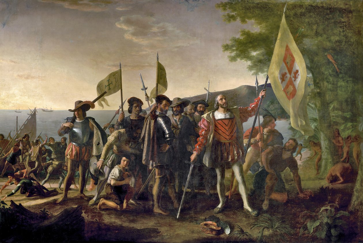 Kryštof Kolumbus přistává v San Salvadoru na Bahamách 12. října 1492, hospoda. 1825 od John after Vanderlyn