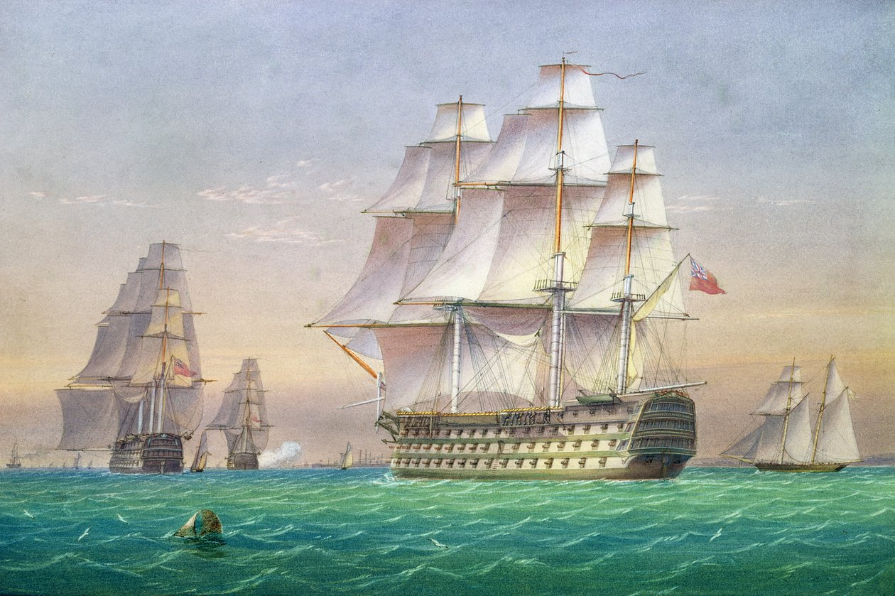 Tři prvotřídní lodě linie vplouvající do přístavu Portsmouth od John and William Joy