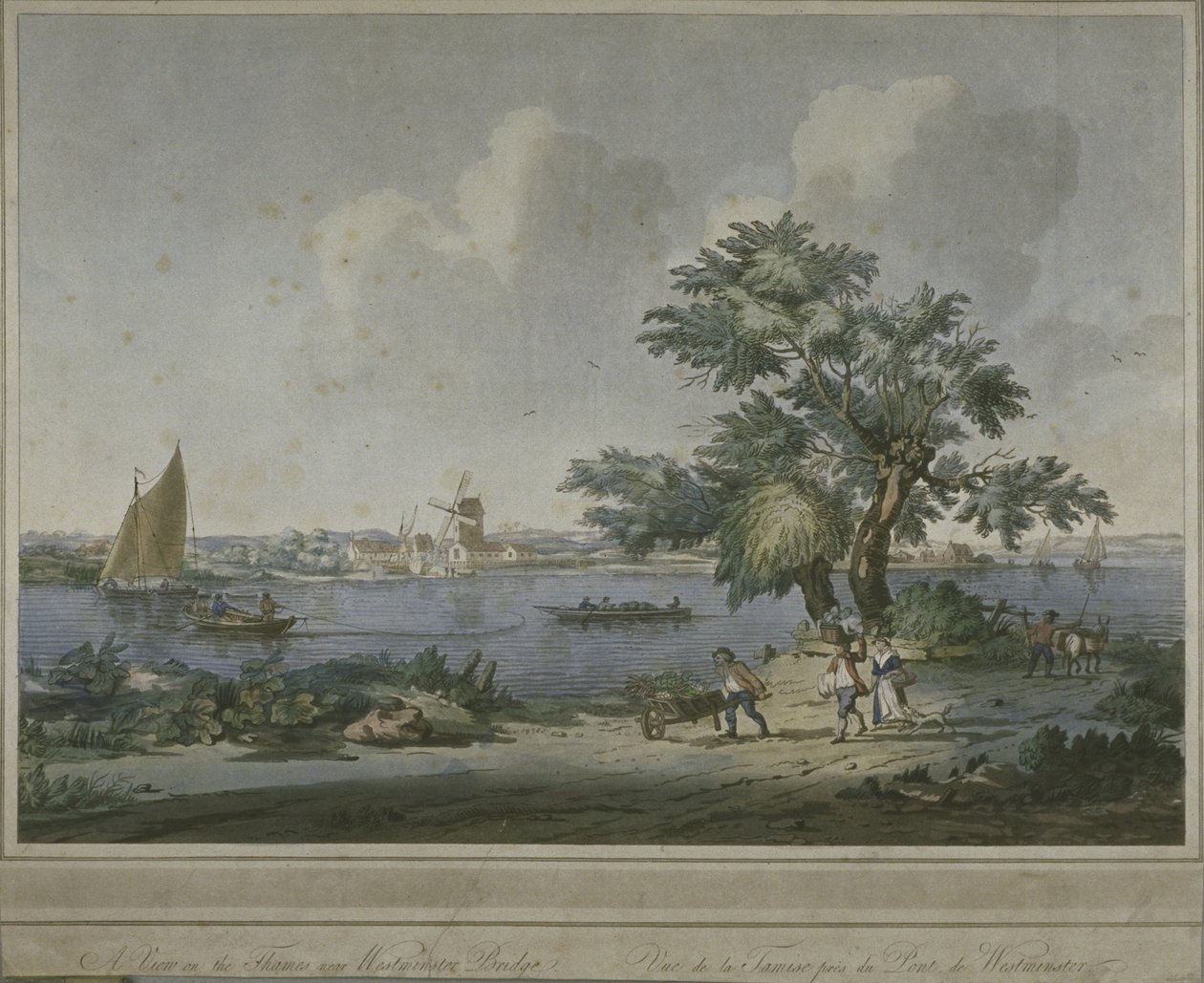 Pohled na postavy přepravující zeleninu podél břehu řeky Temže, 1787 (akvatinta) od John the Elder Cleveley