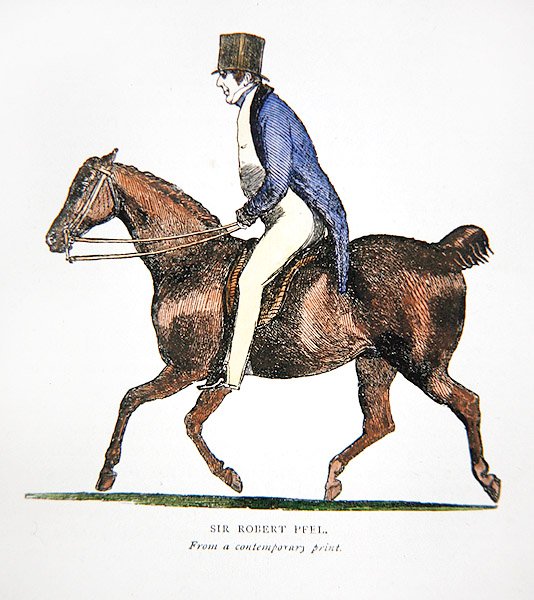 Sir Robert Peel, ze současného tisku (barevné lito) od John  Doyle