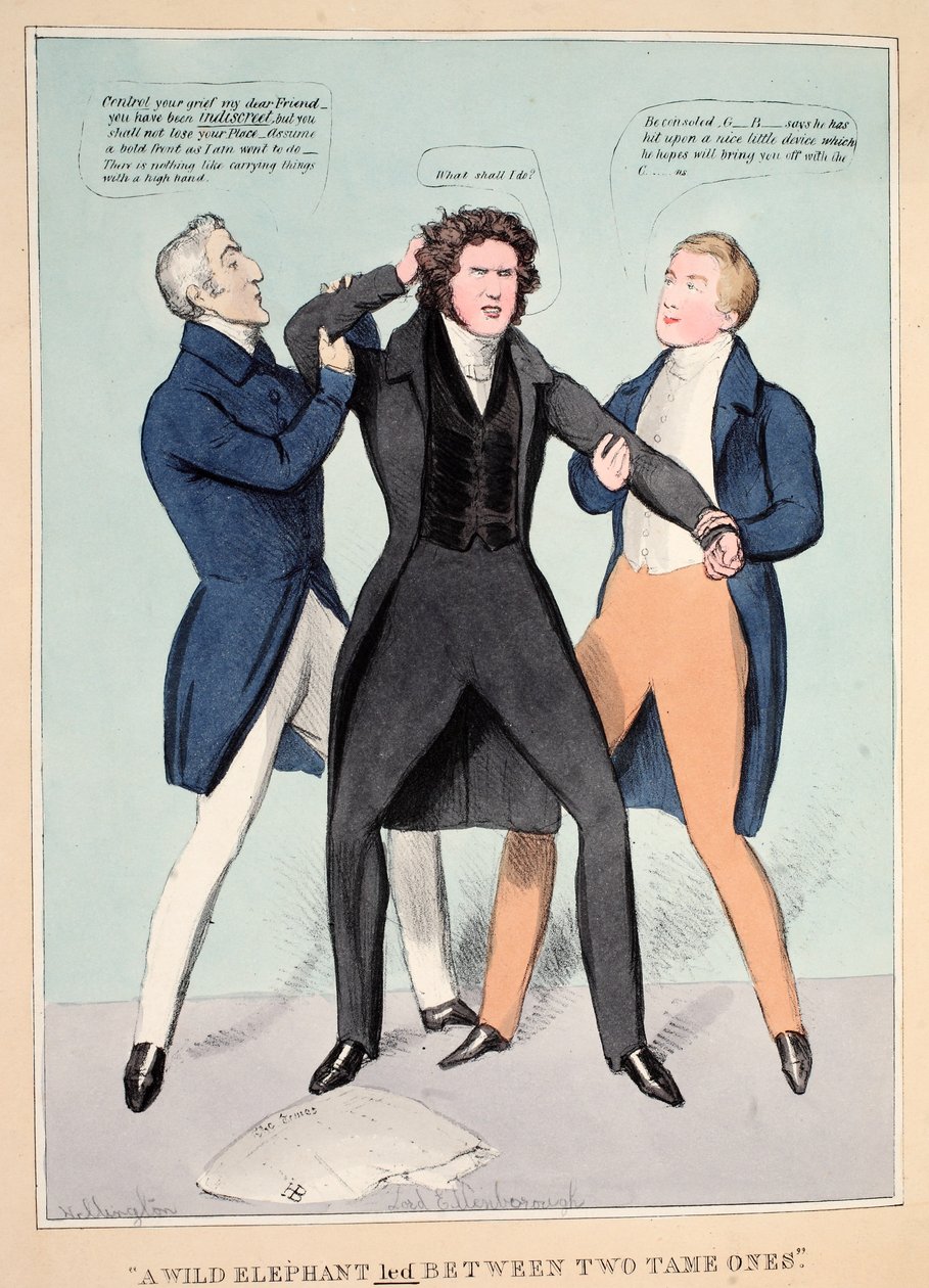 "Divoký slon vedl mezi dvěma krotkými", hospoda. 1830 (ručně kolorovaná rytina) od John  Doyle