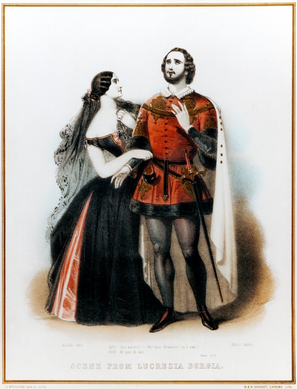 Opera Gaetana Donizettiho Lucrezia Borgia - Úvod do scény II s Mario (italský tenor: 1810-1883) a Grisi (1811-1869) v Londýně, HM Theatre Production, 6. června od John (after) Brandard
