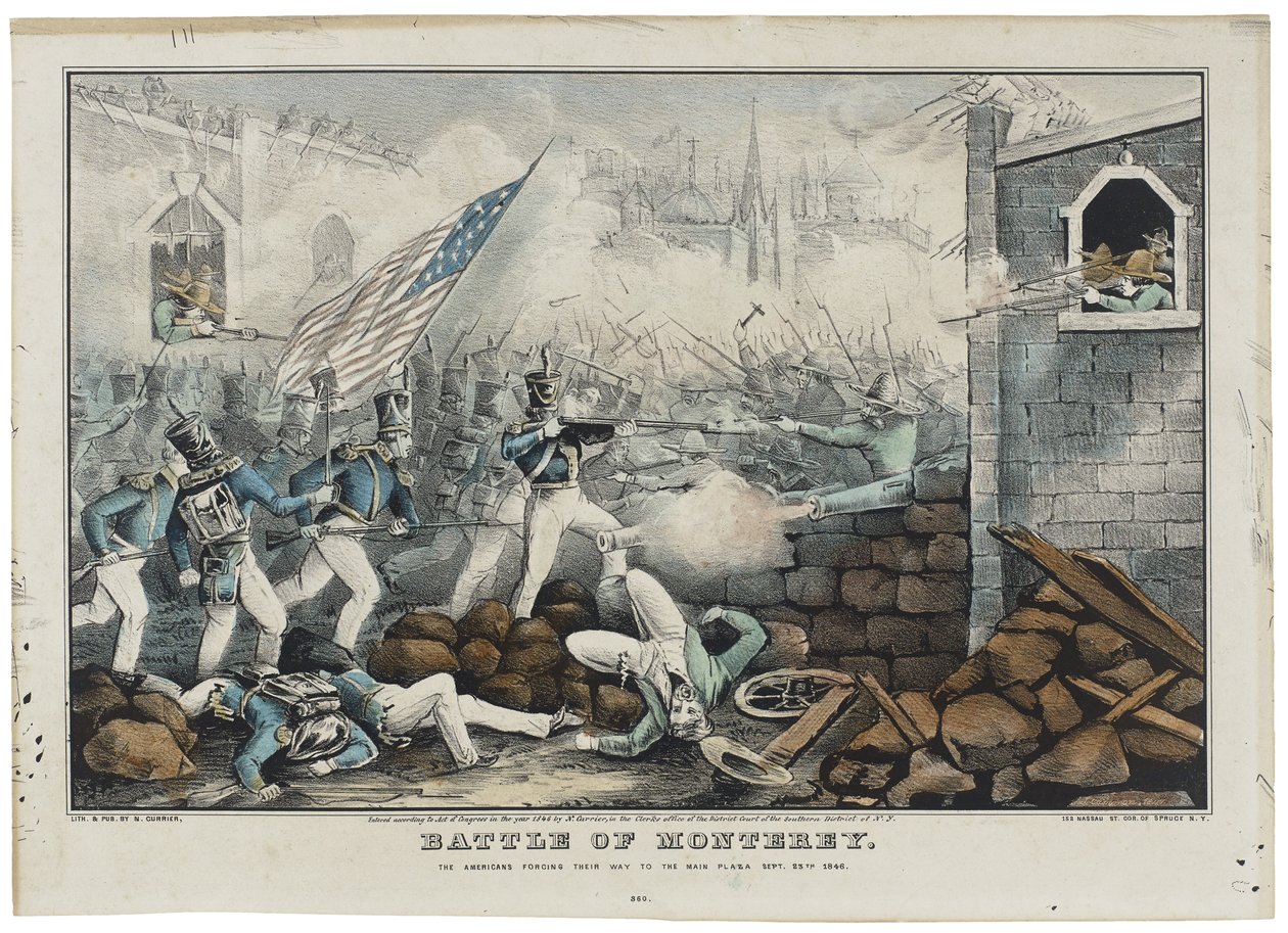 Bitva u Monterey dne 7. července 1846, litho Nathaniel Currier (1813-88) od John (after) Cameron