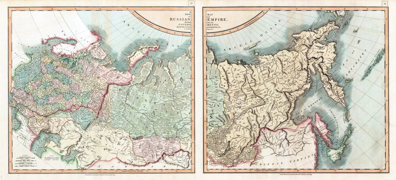 Mapa Ruské říše rozdělené na své vlády par Cary, John (asi 1754-1835). Lept, akvarel od John (after) Cary
