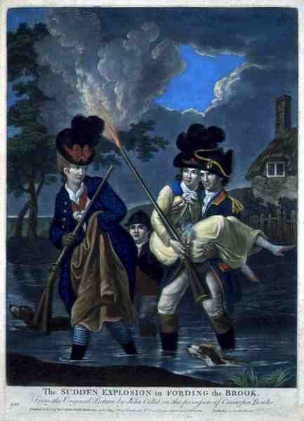 A Sudden Explosion in Fording the Brook, pub. od Carington Bowles (fl. 1744-93) (mezzotintová rytina) od John (after) Collet