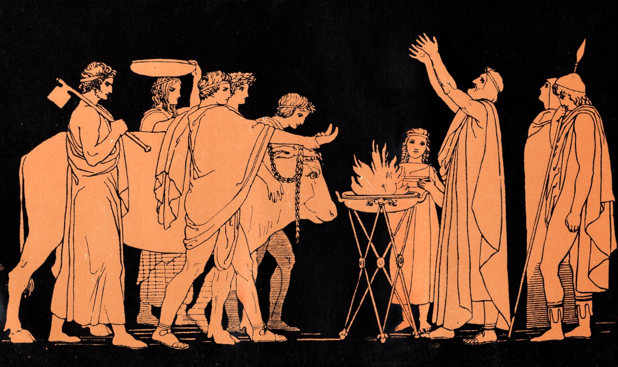 Nestor, král Pylosu a bývalý bojovník v trojské válce, obětuje býky Poseidonovi, scéna z Homérovy Odyssey (tisk) od John (after) Flaxman