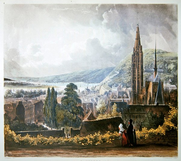 Caudebec, z "Pohledů na Seinu", rytina Thomase Sutherlanda (nar. 1785), vydaná R. Ackermannem (1764-1834) 1821 (barevná litografie) od John (after) Gendall