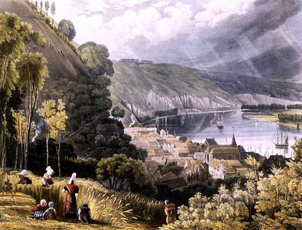La Bouille, z "Pohledů na Seinu", rytina Daniela Havla (1785-1826), vydal R. Ackermann (1764-1834) 1821 (barevná litografie) od John (after) Gendall