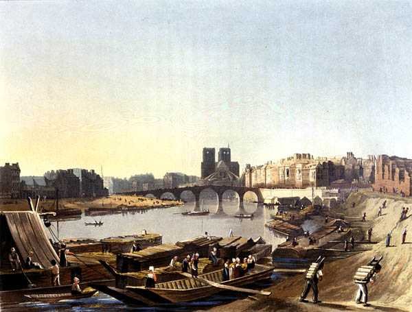 Notre Dame, z "Pohledů na Seinu", rytina Daniela Havella (1785-1826), vydal R. Ackermann (1764-1834) 1821 (barevná litografie) od John (after) Gendall