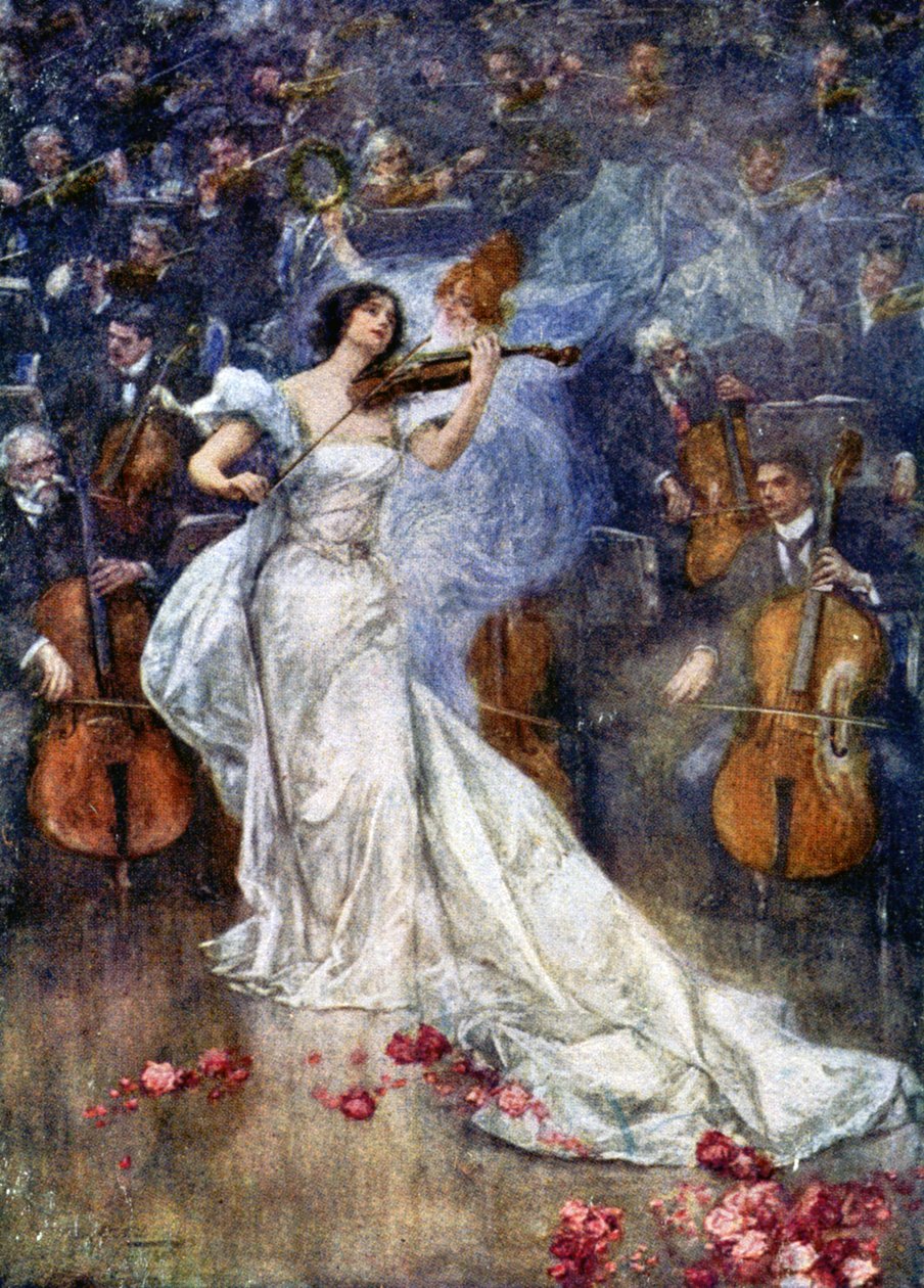 Hudba. Houslový koncert. Ilustrace Gulich, Česká republika, cca 1900 (pohlednice) od John (after) Gulich