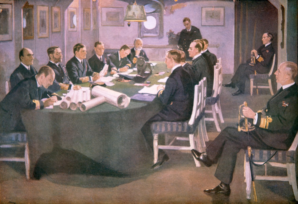 Admirál Sir David Beatty čte podmínky příměří německým delegátům na palubě HMS Queen Elizabeth v Rosyth od John (after) Lavery