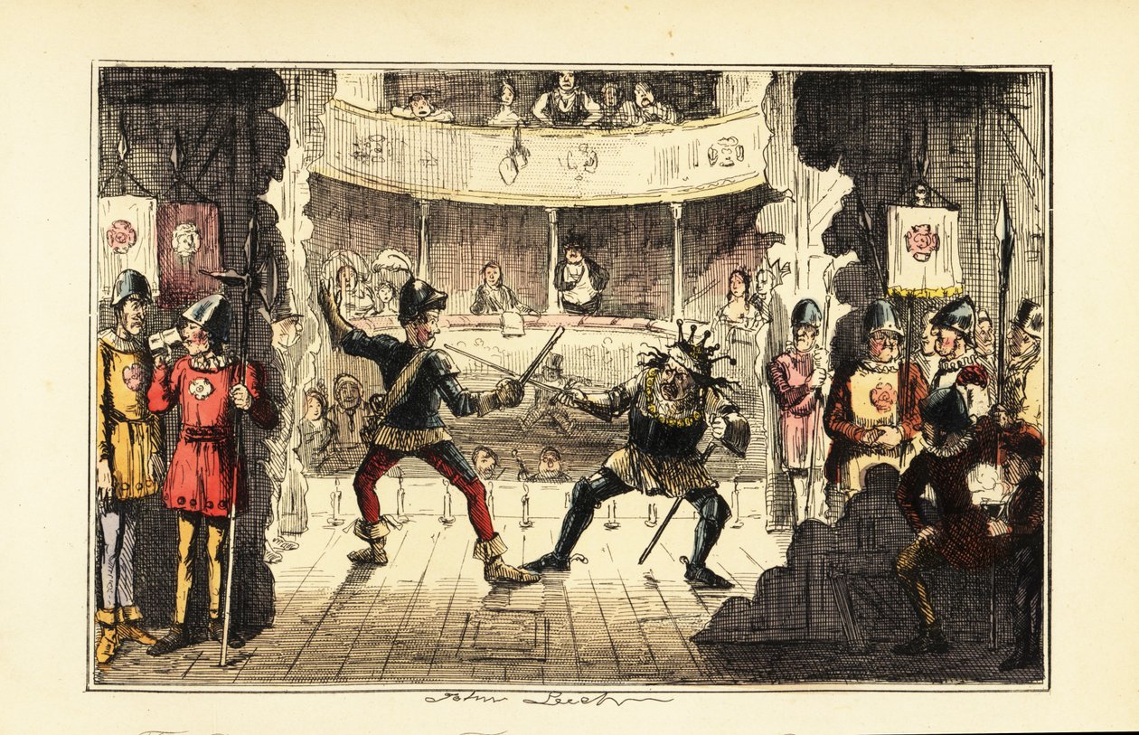 Herci hrající Jindřicha Tudora bojujícího s anglickým králem Richardem III. na jevišti v divadle od John (after) Leech