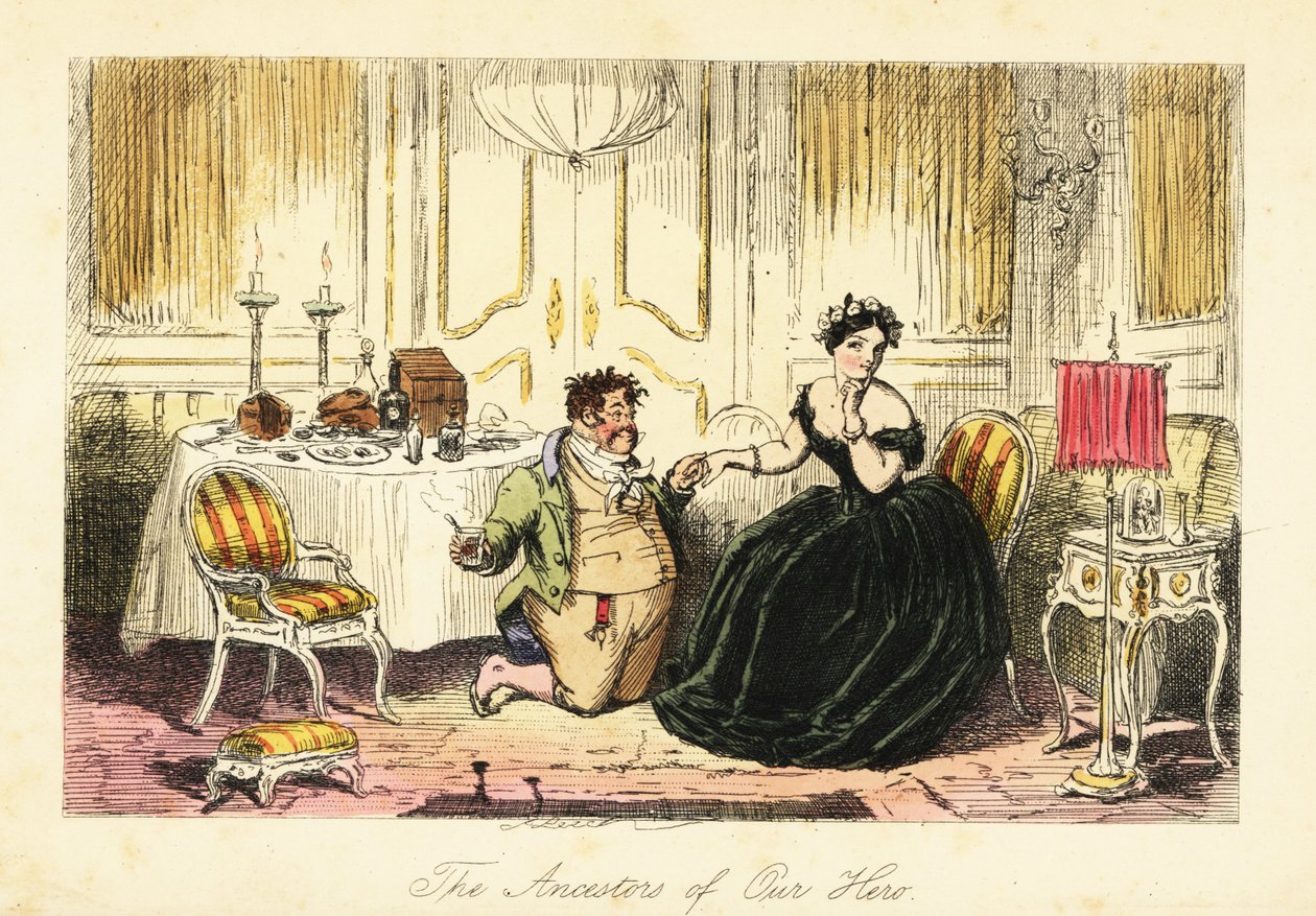 Anglický gentleman dvořící se mladé dámě v restauraci v hostinci od John (after) Leech