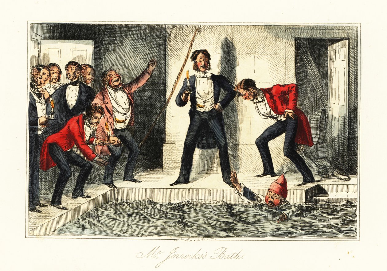 Gentleman v nočním oblečení zápasí v bazénu na honosném sídle od John (after) Leech