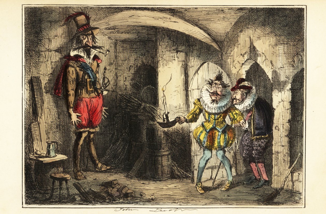 Guy Fawkes, vůdce spiknutí střelného prachu, chycen ve sklepě budovy parlamentu, 5. listopadu 1604 od John (after) Leech