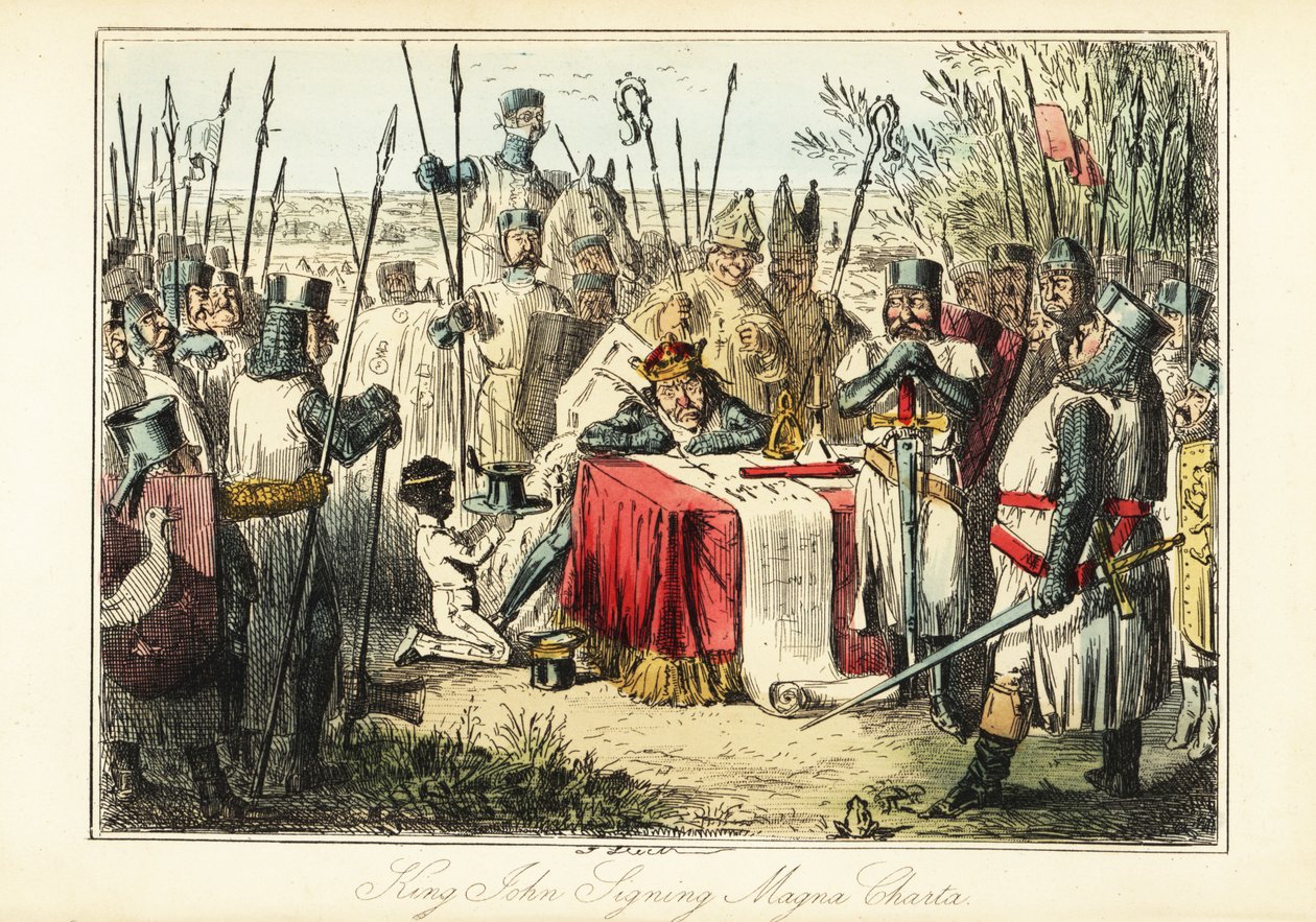 Král Jan obklopený barony a biskupy podepisující Magnu Chartu v Runnymede od John (after) Leech