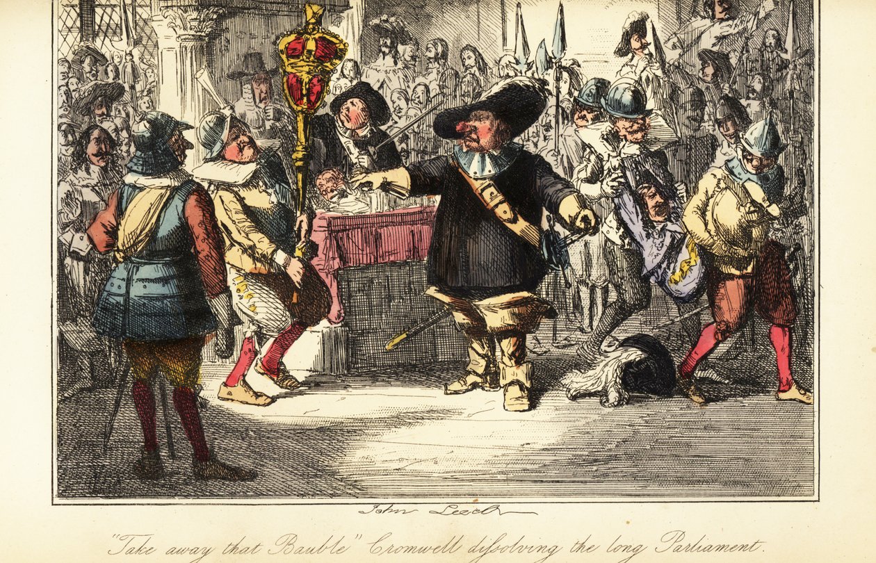 Oliver Cromwell v roce 1653 odstranil palcát z poslanecké sněmovny a rozpustil Rumpův parlament od John (after) Leech