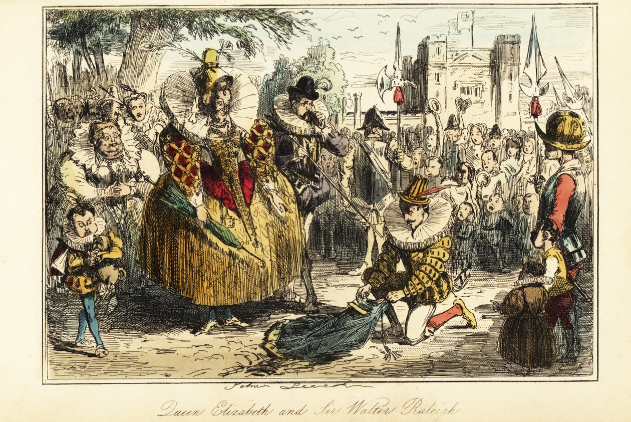 Sir Walter Raleigh položil svůj plášť přes louži pro královnu Alžbětu I. v Greenwichi od John (after) Leech