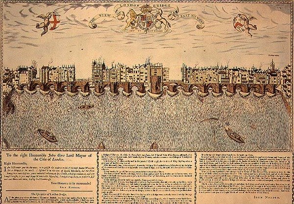 Pohled na London Bridge od východu na západ, dotisk rytiny z roku 1624 od John (after) Norden
