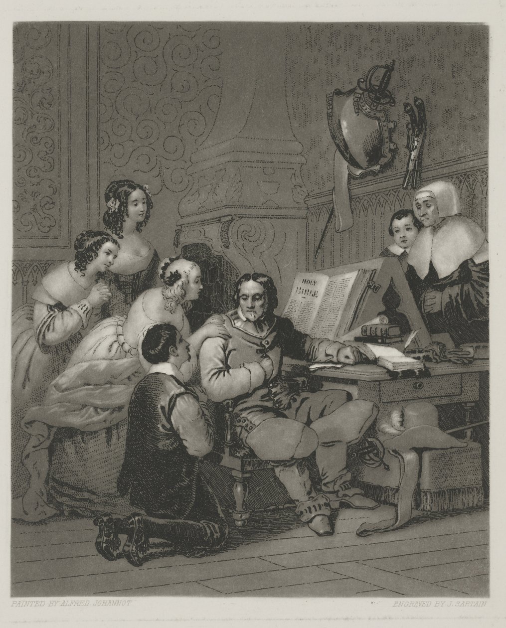 Rodina Cromwellů se přimlouvá za život Karla I., tisk vytvořil Alfred Johannot (mezzotinta) od John (after) Sartain