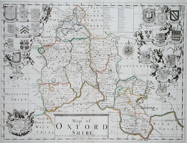 Mapa hrabství Oxfordshire, vyryli a ručně kolorovali John Oliver a Richard Palmer, vydal Philip Lea, asi 1690 (barevná rytina) od John (after) Sellar
