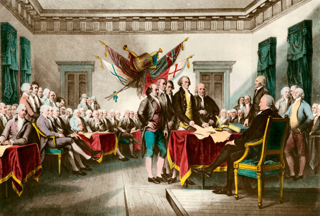 Podpis Deklarace nezávislosti Spojených států v roce 1776 Rytina podle obrazu Johna Trumbulla (1756-1843) 1783 Soukromá sbírka od John (after) Trumbull