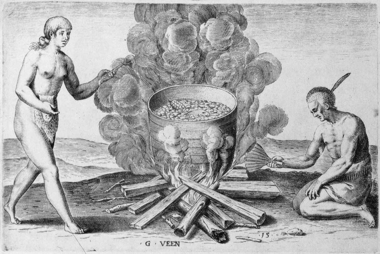 Vaření v hrnci, rytina Gysbert van Veen (1562-1628) (rytina) od John (after) White