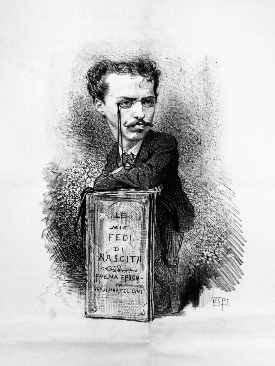 Karikaturní portrét Felice Carlo Emanuele Cavallotti (1842-1898), italský básník, dramatik, levicový, antimonarchistický novinář, vlastenec a politický vůdce, rytina od Walter Charles Mills