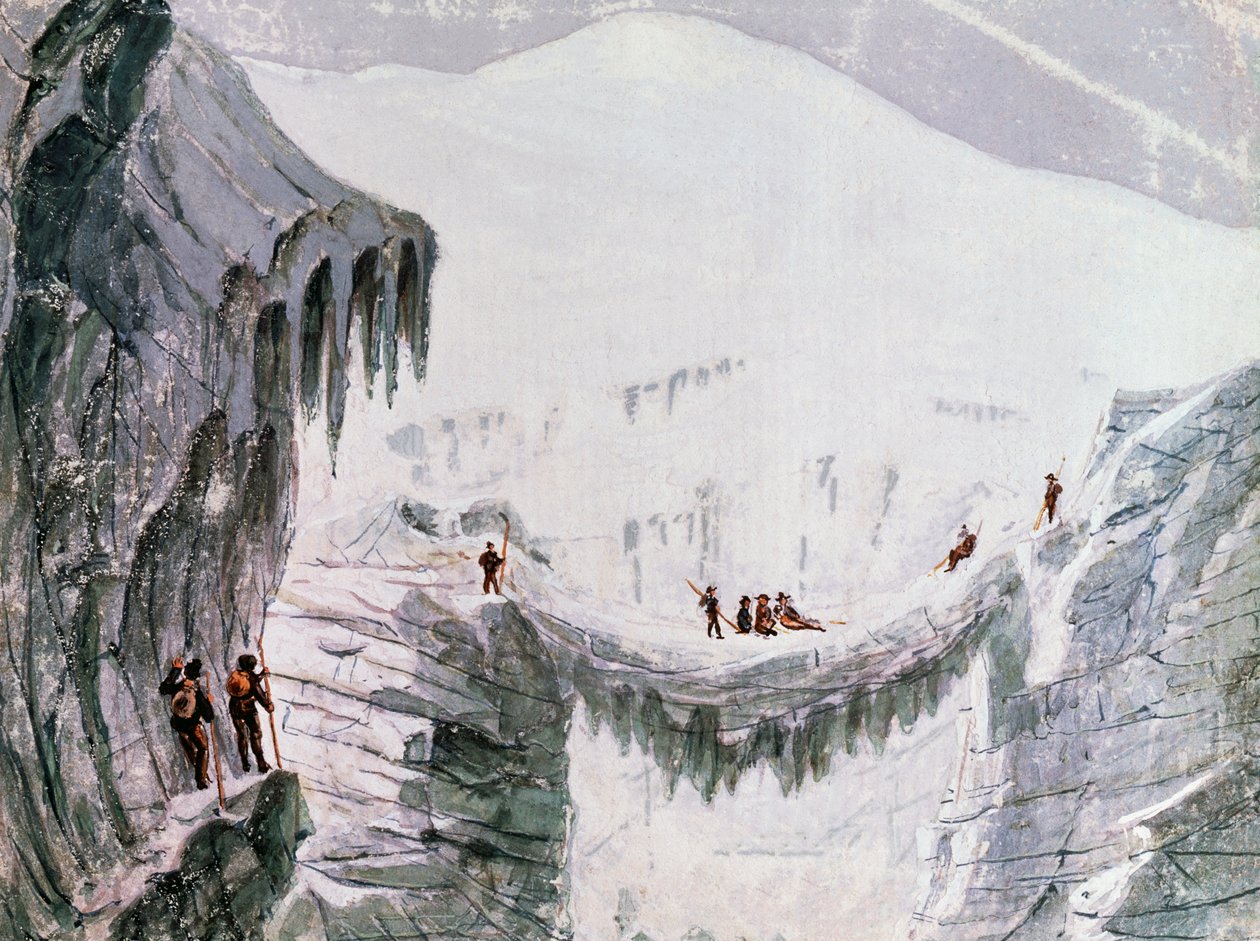 Lezení na Mont Blanc, horolezci zavěšeni na trhlině, akvarel, Francie od Walter Charles Mills