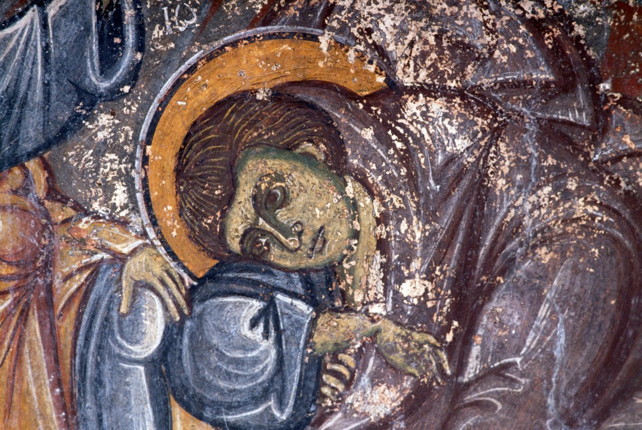 Postava světce, Ioannis Pagomenos, detail fresky v byzantském kostele svatého Jiří, Anidri, Kréta, Řecko (foto) od Walter Charles Mills