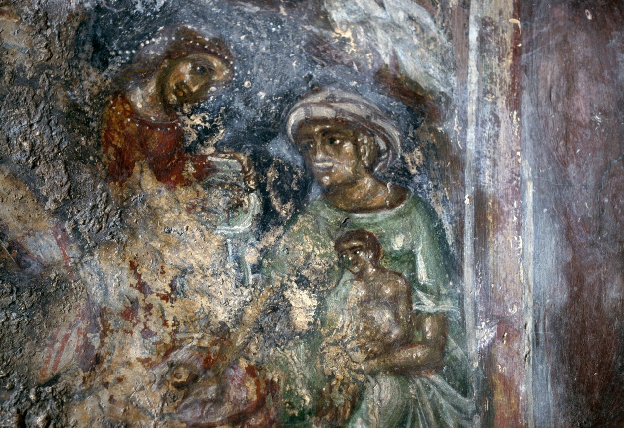 Freska Svaté rodiny, byzantský kostel Ayios Stephanos, Drakona, Kréta, Řecko (foto) od Walter Charles Mills