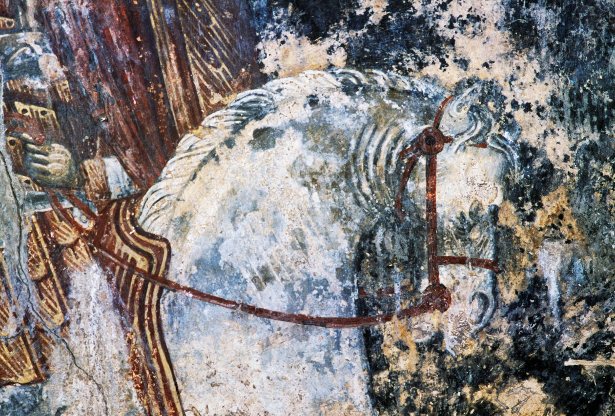 Kůň, poškozená freska na stropě v kostele Agios Vasileios, Vavouledo, Kréta, Řecko (foto) od Walter Charles Mills