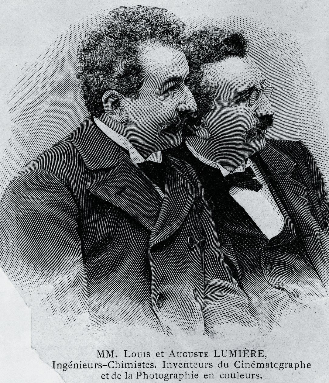 Portrét Auguste Marie Louis Nicolas Lumiere (1862-1954) a Louis Jean Lumiere (1864-1948), francouzských podnikatelů a vynálezců filmového projektoru, rytina z fotografie od Walter Charles Mills
