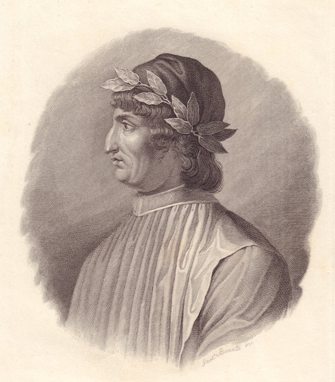 Portrét italského básníka a humanisty Angela Ambroginiho, známého také jako Poliziano (1454-1494), mědirytina G Bonattiho od Walter Charles Mills