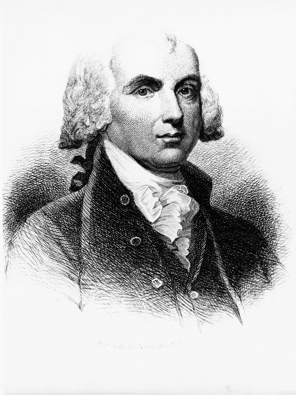 Portrét Jamese Madisona (1751-1836), otce zakladatele, amerického politika, 4. prezidenta Spojených států v letech 1809 až 1817 a jednoho z otců ústavy, rytina od Walter Charles Mills