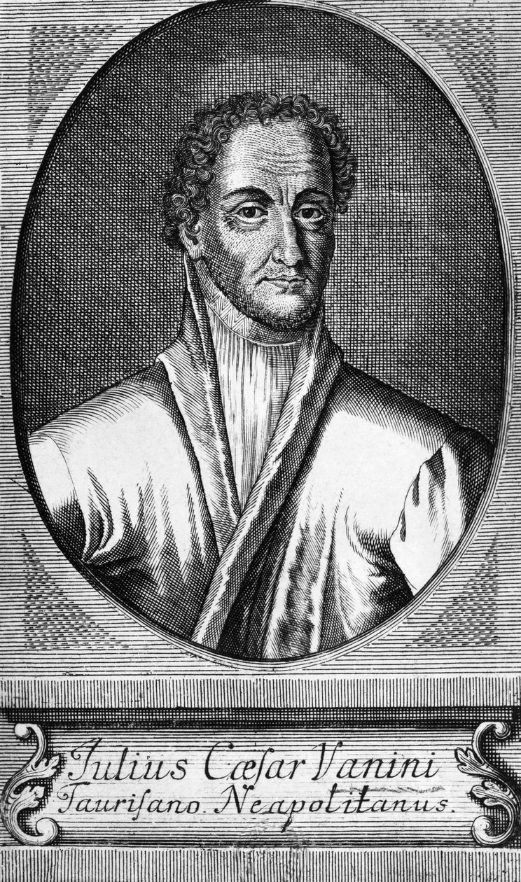 Portrét Lucilia Vaniniho, známého jako Giulio Cesare Vanini (1585-1619), italského filozofa, lékaře a volnomyšlenkáře, který byl jedním z prvních významných představitelů intelektuálního libertinismu, rytina od Walter Charles Mills